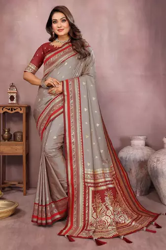 Grey color handloom silk fabric jacquard weaving designer partywear saree