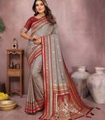 Grey color handloom silk fabric jacquard weaving designer partywear saree