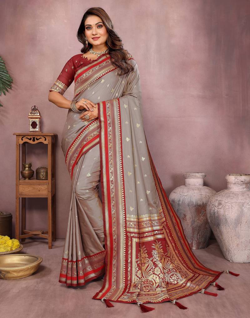 Grey color handloom silk fabric jacquard weaving designer partywear saree