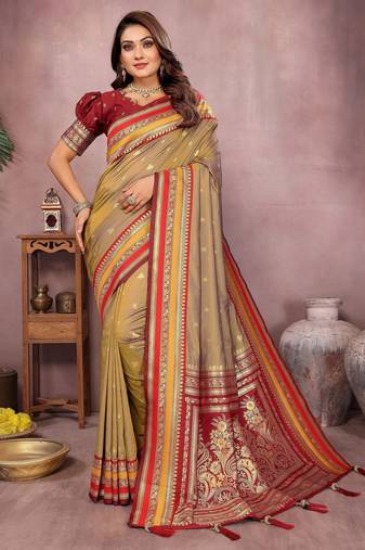 Beige color handloom silk fabric jacquard weaving designer partywear saree