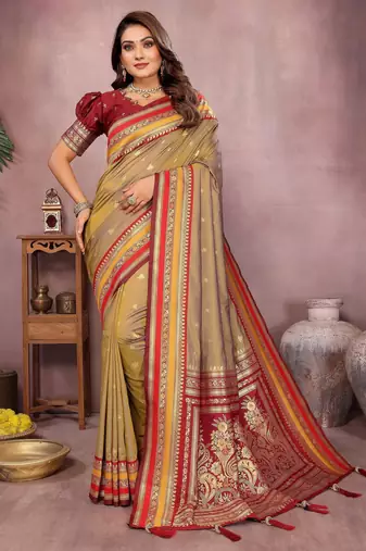 Beige color handloom silk fabric jacquard weaving designer partywear saree