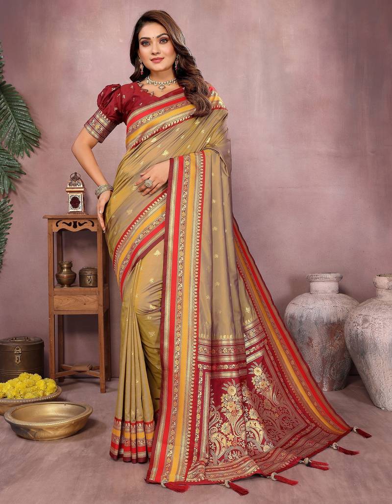 Beige color handloom silk fabric jacquard weaving designer partywear saree