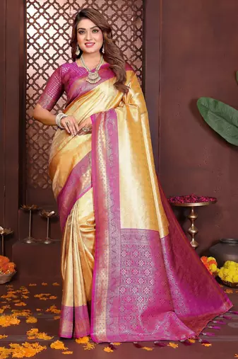 yellow color banarasi tissue silk blend fabric jacquard woven designer saree