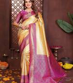 yellow color banarasi tissue silk blend fabric jacquard woven designer saree