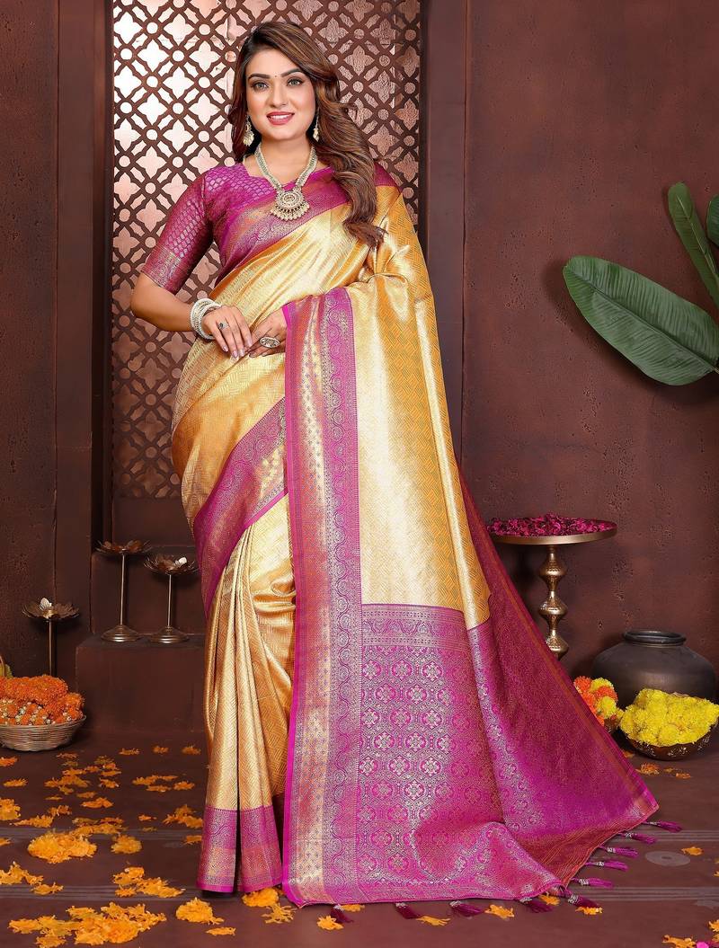 yellow color banarasi tissue silk blend fabric jacquard woven designer saree