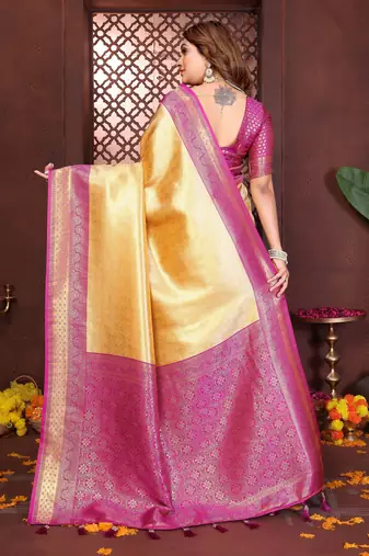 yellow faux banarasi tissue silk blend jacquard woven saree
