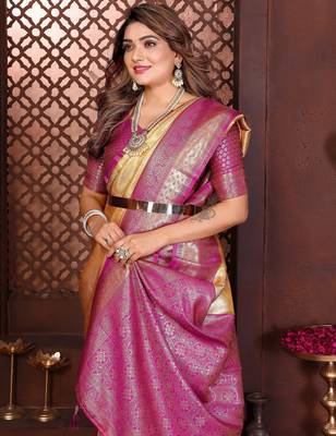 yellow faux banarasi tissue silk blend jacquard woven saree 3