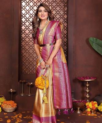 yellow faux banarasi tissue silk blend jacquard woven saree 4
