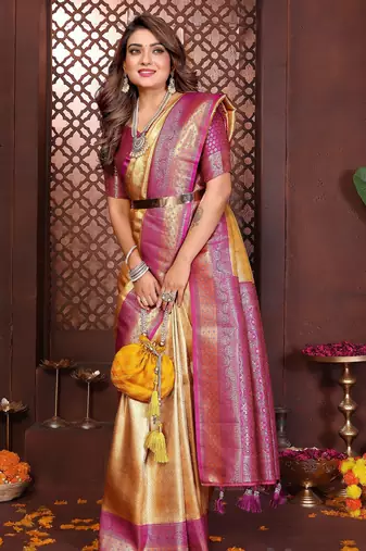 yellow faux banarasi tissue silk blend jacquard woven saree