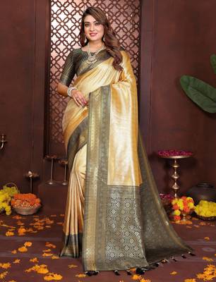 yellow faux banarasi tissue silk blend jacquard woven saree 1