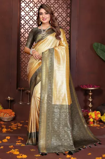 yellow color banarasi tissue silk blend fabric jacquard woven designer saree