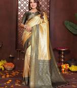 yellow color banarasi tissue silk blend fabric jacquard woven designer saree