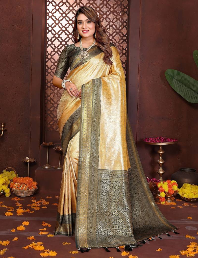 yellow color banarasi tissue silk blend fabric jacquard woven designer saree