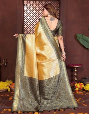 yellow faux banarasi tissue silk blend jacquard woven saree 2