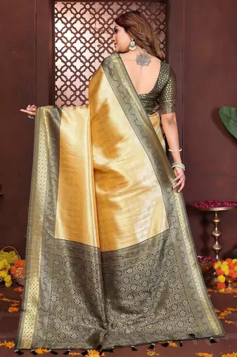 yellow faux banarasi tissue silk blend jacquard woven saree
