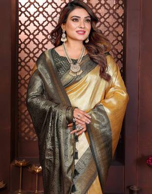 yellow faux banarasi tissue silk blend jacquard woven saree 3