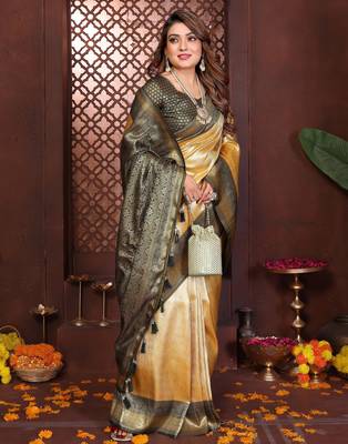 yellow faux banarasi tissue silk blend jacquard woven saree 4