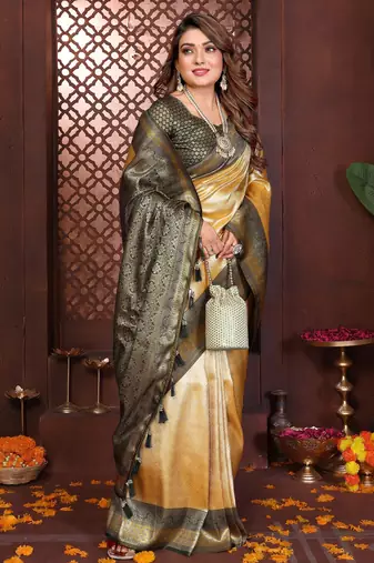yellow faux banarasi tissue silk blend jacquard woven saree