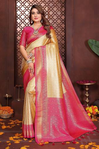 yellow color banarasi tissue silk blend fabric jacquard woven designer saree