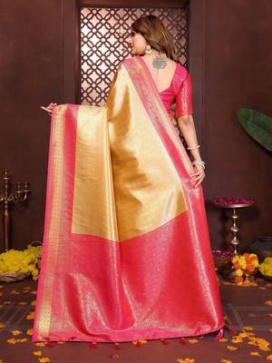 yellow faux banarasi tissue silk blend jacquard woven saree 2