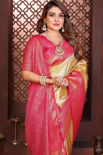 yellow faux banarasi tissue silk blend jacquard woven saree