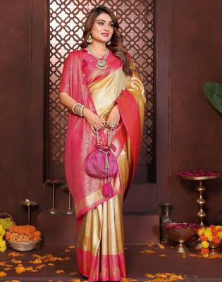 yellow faux banarasi tissue silk blend jacquard woven saree 4