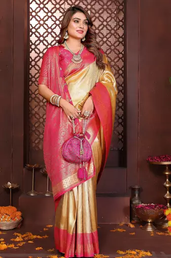 yellow faux banarasi tissue silk blend jacquard woven saree