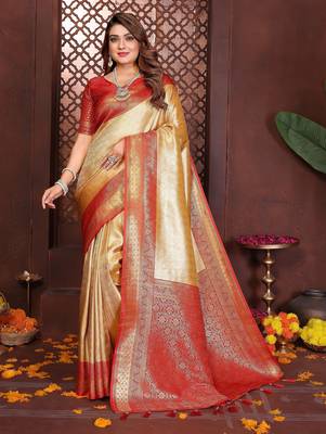 yellow faux banarasi tissue silk blend jacquard woven saree 1