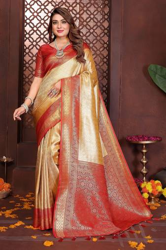 yellow color banarasi tissue silk blend fabric jacquard woven designer saree