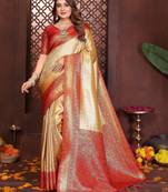 yellow color banarasi tissue silk blend fabric jacquard woven designer saree