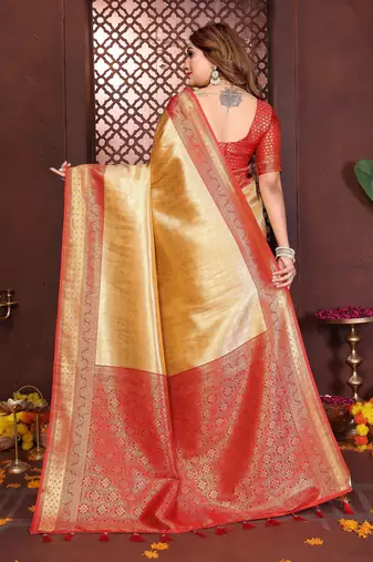 yellow faux banarasi tissue silk blend jacquard woven saree