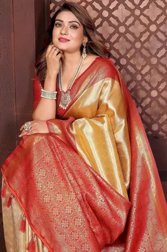 yellow faux banarasi tissue silk blend jacquard woven saree
