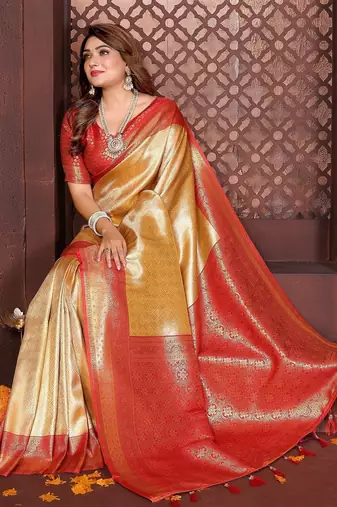yellow faux banarasi tissue silk blend jacquard woven saree