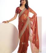peach color stylish heavy partywear saree for rich girlie looks