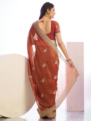 peach stylish heavy partywear saree rich girlie looks 2