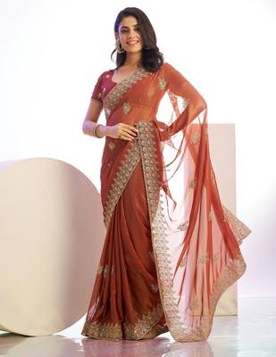 peach stylish heavy partywear saree rich girlie looks 4