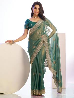 green stylish heavy partywear saree rich girlie looks 1