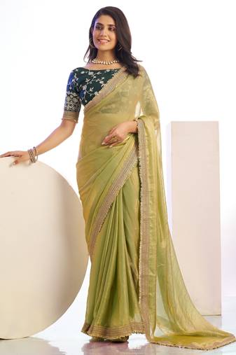 pista color stylish heavy partywear saree for rich girlie looks