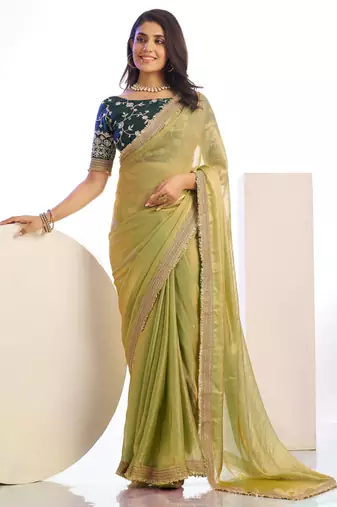 pista color stylish heavy partywear saree for rich girlie looks