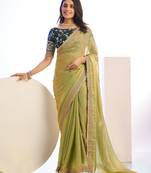 pista color stylish heavy partywear saree for rich girlie looks