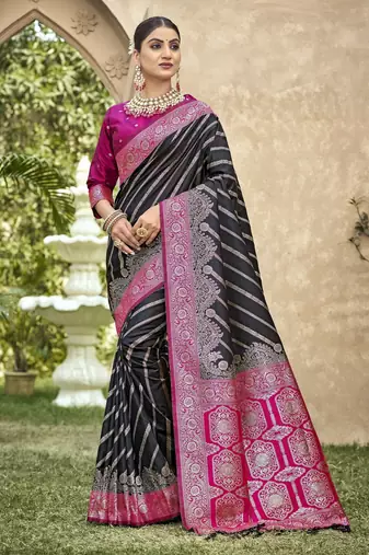black color banarasi silk blend fabric ethnic woven designer saree