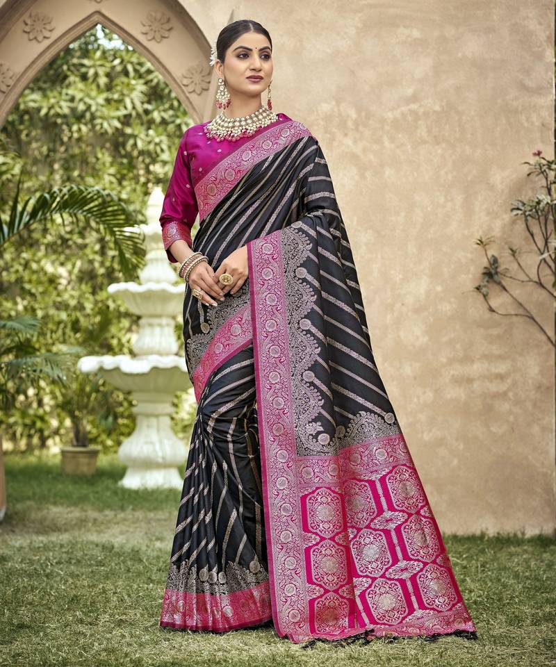 black color banarasi silk blend fabric ethnic woven designer saree