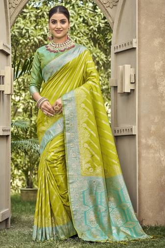 parrot green color banarasi silk blend fabric ethnic woven designer saree
