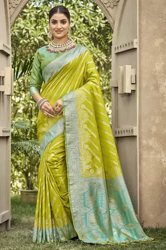 parrot green color banarasi silk blend fabric ethnic woven designer saree