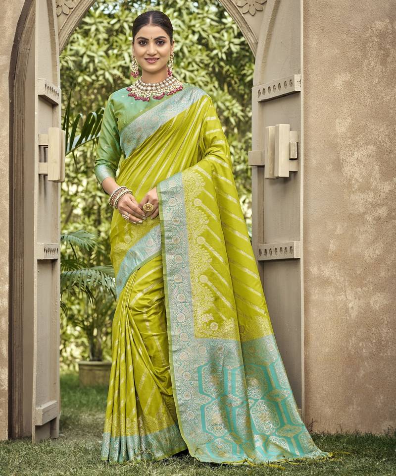 parrot green color banarasi silk blend fabric ethnic woven designer saree