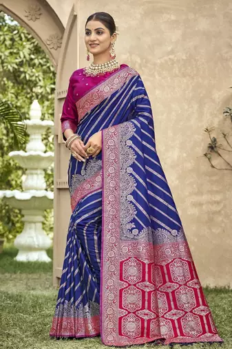 blue color banarasi silk blend fabric ethnic woven designer saree