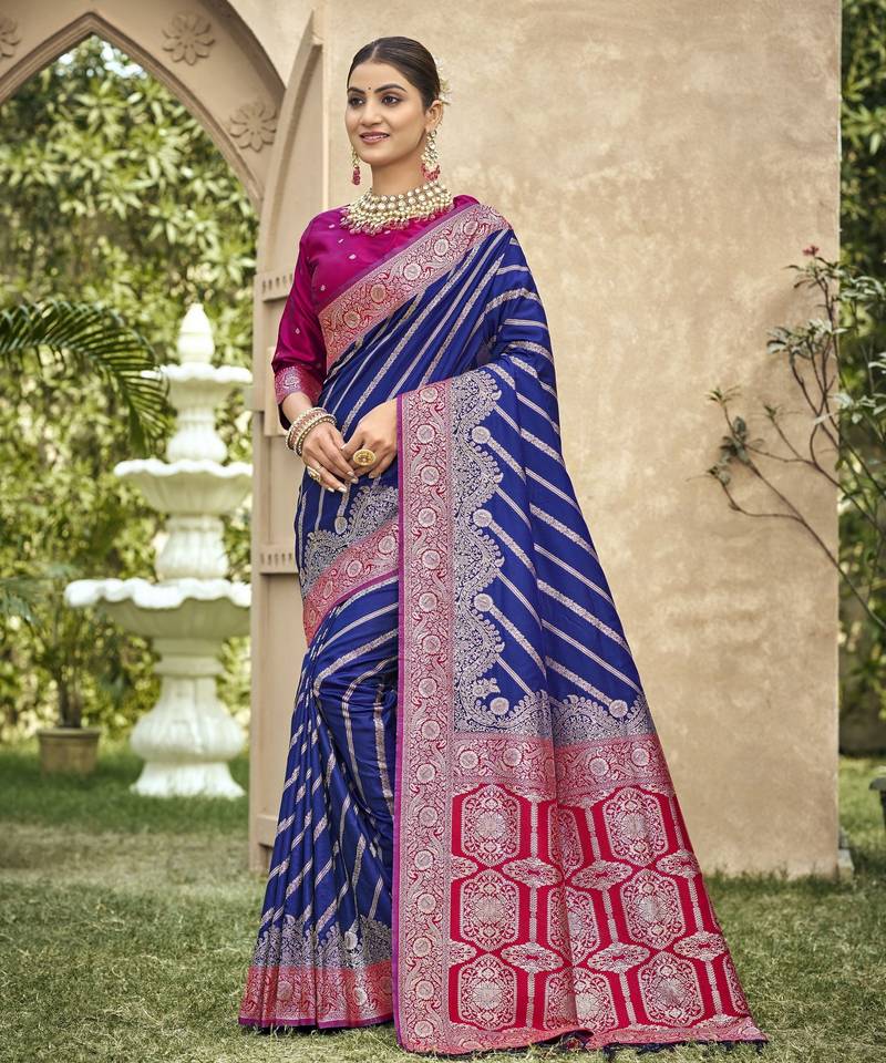 blue color banarasi silk blend fabric ethnic woven designer saree