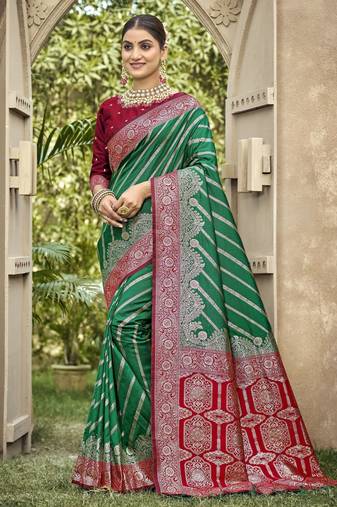 green color banarasi silk blend fabric ethnic woven designer saree