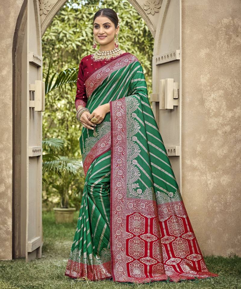 green color banarasi silk blend fabric ethnic woven designer saree