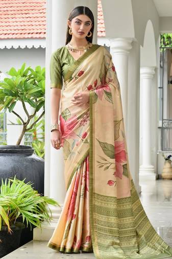 beige color stylish satin silk blend fabric ethnic partywear saree